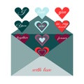 Traditional postal envelope with romantic desire. Image of heart and romantic wishes.